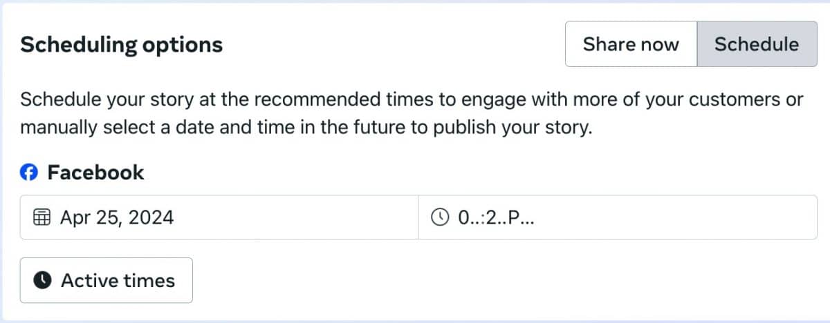 Facebook Stories scheduling within Meta Business Suite on desktop. 